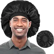 COMNICO Bonnet for Men, Silk Single Layer Hair Bonnet for Sleeping, Night Wrap Sleep Cap with Adjustable Strap Reversible Sleep Cap Satin Bonnets for Women Men Curly Hair Black, Black, One Size