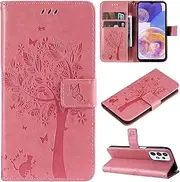 [Fatcatparadise] Compatible with Samsung Galaxy A23 4G Case, Mobile Phone Case Samsung A23 4G, Embossed Pattern Protective PU Leather Wallet Case Foldable Flip Case Wallet Leather Case (Pink)