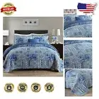 Reversible Blue Bohemian Quilt Set - Twin Cotton Bedspread with Pillow Cover