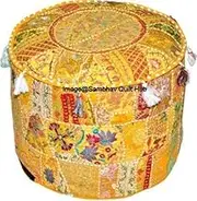 Yellow Decorative Multi Patch Indian Hippie Embroidery Vintage Cotton Floor Pillow & Cushion Patchwork Bean Bag Chair Cover Boho Bohemian Hand Embroidered Handmade Pouf Ottoman Cover (14X22 inch)