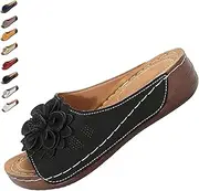 [Generic] Comfortable Non-Slip Solid Color Open-Toe Wedge Sandals For Women, Open-Toe Slippers With Flower Decoration, PU Leather