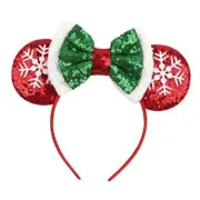 LSHDXD Christmas Mouse Ears Bow Headband Hair Hoop, Glitter Snowflake Hair Red