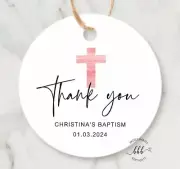 12 White Thank You Gift Tags Baptism Christening Pink Cross Favour Personalised