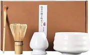 Henrrida 4 PCS Matcha Set,Ceramics Matcha Bowl 19 Oz,Include Matcha Whisk and Bowl,Blender Bracket and Matcha Spoon,Traditional Tea Ceremony Matcha Kit (White)