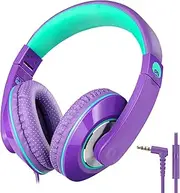 Rockpapa Comfort+ Kids Wired Headphones Over Ear Headphones with Microphone for Kids Children Adult, Stereo Sound, Foldable, Adjustable Headphones for School/Travel/Phone/PC/MP3-Purple Green