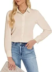 [JTD] Women’s Button Down Shirts Long Sleeve Collared Blouses Wrinkle-Free Work Office Casual Chiffon Top