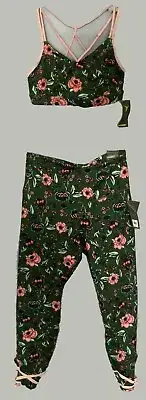 Old Navy Active Go-Dry Sports Bra & Leggings Set - Green w/ Pink Flowers - MED
