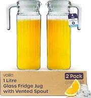 Fridge Jug 1L Glass Water Jug with Lid (2 Pack) - Clear Water Pitcher with Ribbed Glass Jug Design & Handle for Fridge Shelf & Everyday Use with Vented Spout - Juices, Pimms & Picnics