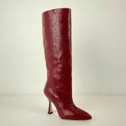 $795 Stuart Weitzman Parton Red Crocodile-embossed Leather Knee High Heel Boots