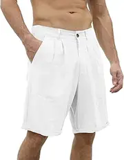 [CTU] Men's Linen Casual Beach Shorts Cotton Classic Summer Shorts with Buttons Elastic Waist