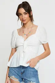 White Peplum Top Short Sleeve - Size XS, Women's Peplum