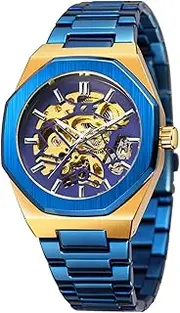 [KINGNUOS] Men's Mechanical Wristwatch Skeleton Design Stainless Steel Band Polygonal Transparent Dial Watches for Men