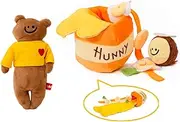 Interactive Dog Toy Set with Treat-Dispensing Honey Jar, Squeaky Bee and Plush Bear, Orange and Yellow