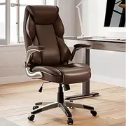 [EUREKA ERGONOMIC] Executive Office Chair, Regenerated Leather Desk Chair with Flip-up Armrest & Lumbar Support, Swivel Computer Chair with Double Padded, High Back Office Chair for Home-Brown