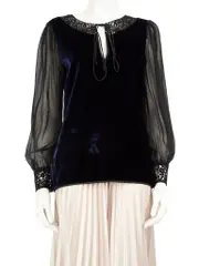 Navy Silk Sheer Sleeves Blouse