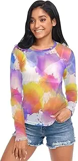 [RPLIFE] Abstract Watercolor Mesh Long Sleeve Top, Sexy Sheer Tops for Women S-XXL