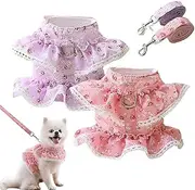 2 Pack Dog Dress Harness Vest with Leash Set, Pink Flower Puppy Harness Mesh Breathable Cat Vest Harness Cute Doggy Lace Princess Clothes for Outdoor Walking (Rose +Purple, Small)