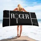 Black bathroom or beach towel, Roger Federer fan tennis racket