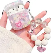MINSCOSE Compatible with Airpod 1&2 Clear Case,Cute 3D Stars Pattern Design with Love Heart Keychain, Soft TPU Protective Shockproof Case for Airpod 2/1 for Girls Teens Women