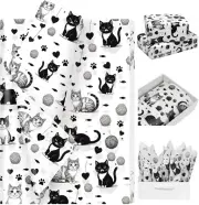 100 Sheets Black Kitty Tissue Paper - Cute Cat, Pet Paw & Yarn Pattern