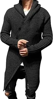 [SWJGLITTR] Men's Mid-Length Knitted Cardigan Ribbed Knit Sweater Pockets for Men Casual Cable Knit Hooded Cardigans, Black, Large
