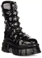 Newrock Tower Lace Up X Cross Platform Womens Boot Black Patent UK 4 - 12