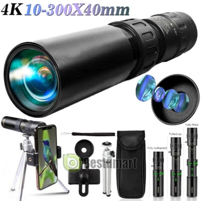 10-300X40 Zoom Day/Low Night HD Monocular Telescope Camera for Phone+Tripod+Clip
