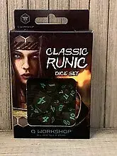 NEW IN BOX ©2019 Q WORKSHOP CLASSIC RUNIC BLACK AND GREEN DICE SET OF 7