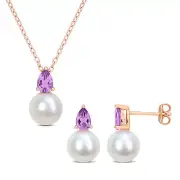 Amour Rose Plated Silver Amethyst & FW Pearl Stud Earrings, Pendant & Chain Set