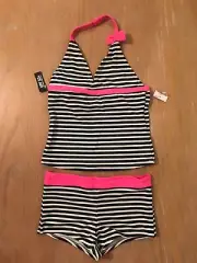 New! Oshkosh Girls Swimwear 2 Piece Set Striped Navy White Pink Size 6X