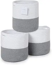 Recycled Cotton Rope Storage Cube Basket, Plant Basket Multi-Purpose Woven Cube Storage Organizer/Shelves, Closet Storage Bins, Nursery Kids Room Organizer 11 Inch Set of 3, White & Gray