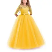 Flower Girl Lace Dress For Kids Wedding Bridesmaid Pageant Party Prom Yellow 160cm