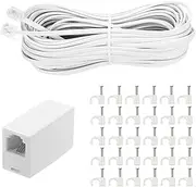 100 Feet Long Telephone Extension Cord Phone Cable Line Wire, with Standard RJ11 Plug and 1 in-Line Couplers and 20 Cable Clip Holders-White (White 30 M)