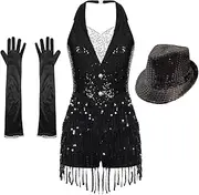 [Yeahdor] Women Sparkly Sequins Latin Jazz Dance Costume Tuxedo Ballet Gymnastics Leotard Ballroom Dance Dress