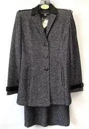 NWT ST JOHN Tweed Knit Black White Suit Jacket Skirt Blazer 6 8 Leather Trim Set
