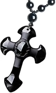 [Generic] Natural obsidian cross Amulet necklace pendant with adjustable bead chain for women or men