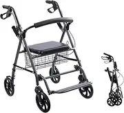 Foldable Adjustable Handle Height Elderly Walking Trolley Mobility Aid with Seat and Backrest Footrest Removable Storage Basket for Seniors Adult Interesting