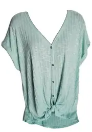 NOBO Women's Short Sleeve Button Front Tie Top blouse Mint Green V-Neck Size 3XG