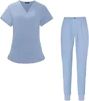 [ａ aternee] Uniforms Scrub Set Nurse Top and Pants, Durable V Neck, Comfortable Work suits Work Clothing for Pet Groomer SPA Beauty Salon