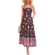 Vintage Floral Bohemian Dress with Adjustable Strap - Black with Flower