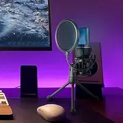 Gaming USB Microphone for PC, Double Mode Condenser Mic, RGB Indicator, Tripod Stand, Noise Reduction, Plug and Play for Streaming Podcast Studio Recording