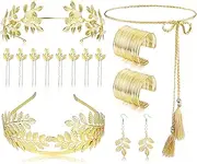 [HAIAISO] 14 Pcs Greek Goddess Costume Accessories Set Golden Laurel Leaves Crown Upper Arm Coil Bracelet Hair Headpiece Artificial Pearl Earrings Necklace Toga Waist Belt for Women Party Bridal Wedding