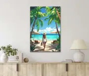 Beach, Girl & Palm Trees 40x60cm Canvas or Metal Print Premium Grade Wall Art