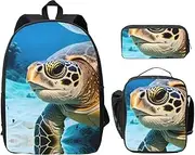Big Sea Turtle Backpacks With Lunch Pack Pencil Case, Lightweight Bookbag For Camping Excursions, Black, One Size, Art Deco
