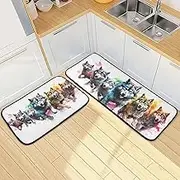 Herd Wolfs Colorful White Kitchen Mats for Floor, 2 Piece, Funny Cute Washable Non-Slip Kitchen Rugs Set for Home & Office, Sink, Laundry, 19.7” x 27.6” + 19.7” + 47.2”