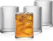 Drinking Glasses Set of 4, 9oz Ribbed Glassware Vintage Whiskey Glasses Embossed Glass Tumblers Cocktail Glasses Water Glasses for Beer Juice Whiskey Cocktail Milk(7x7x9.6cm)