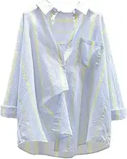 [Generic] Women's Loose Thin Striped Shirts Spring Summer Casual Button Down Shirts with Pocket