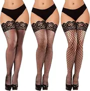 [Buauty] 3 Pairs Fishnet Thigh High Stockings With Silicone Lace Top and Back Seam for Womens