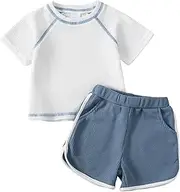 [Renotemy] Toddler Baby Boy Boy Summer Clothes Waffle Short Sleeve T-Shirt +Short Pants Two Piece Solid Outfit Sports Short Set