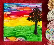 Handpainted Ceramic Tile Art Bright Sunset Landscape Design Trivet/Wall Hanger